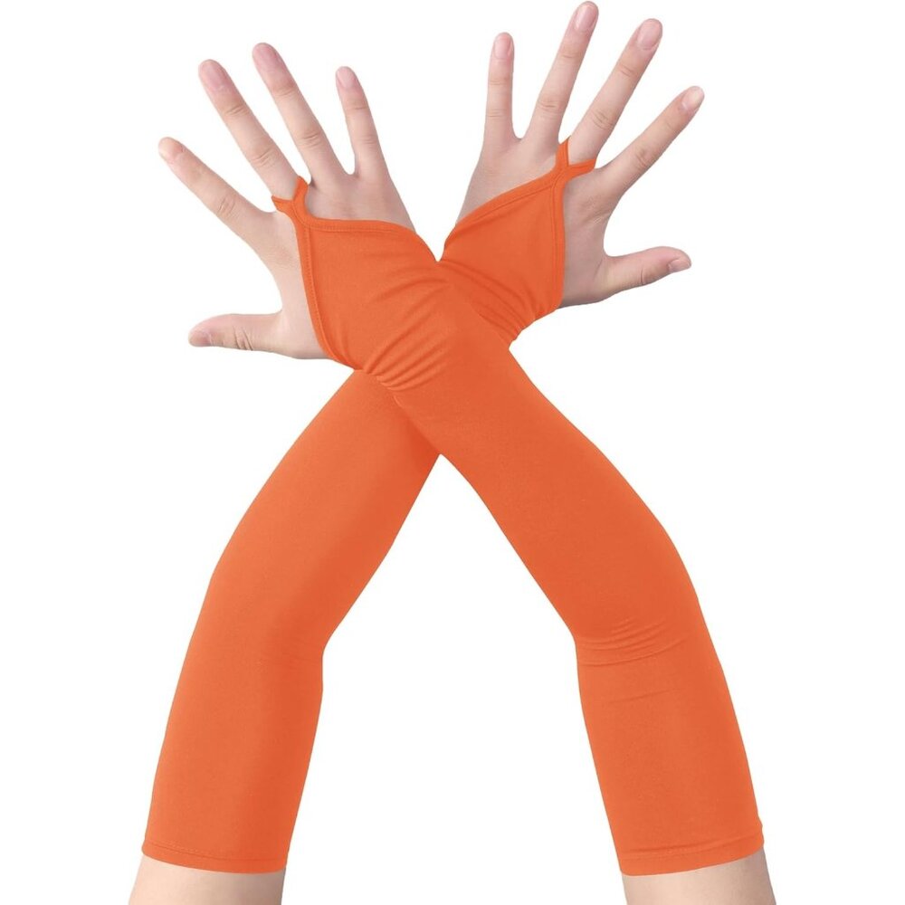 Women's Finger Loop Orange Elegant Stretchy Spandex Elbow Length Satin Gloves